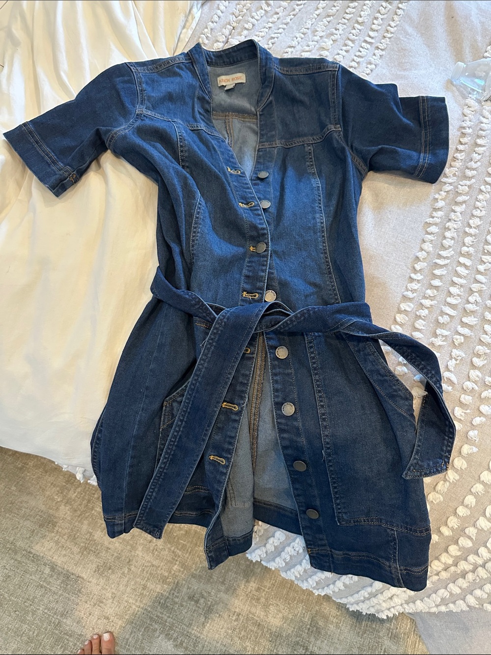 Knox Rose Indigo Denim Button-Front Mini Dress with Tie Belt